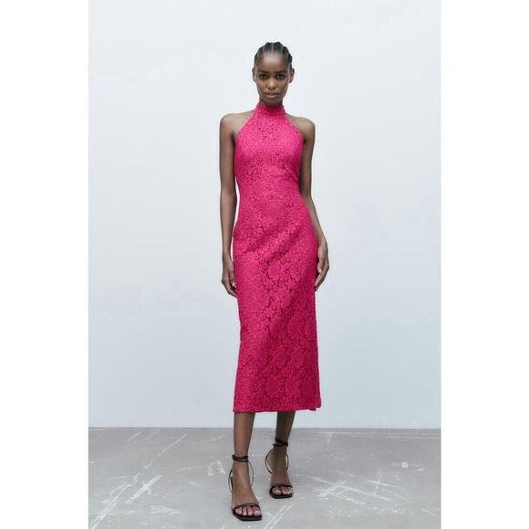 Zara Lace Halter Dress Womens Medium Pink Fuchsia Midi Floral Open Back Pencil - Picture 1 of 16